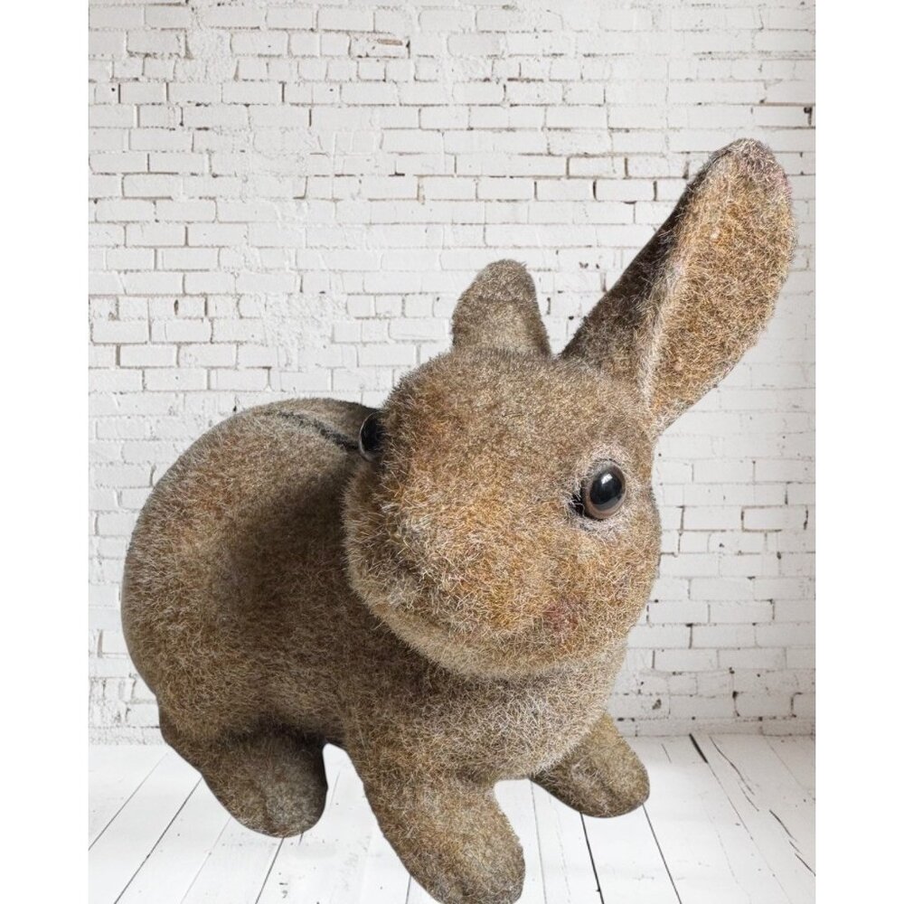 Vintage Flocked Bunny Rabbit Coin Bank Brown w/Stopper, Japan, 5.5" Tall